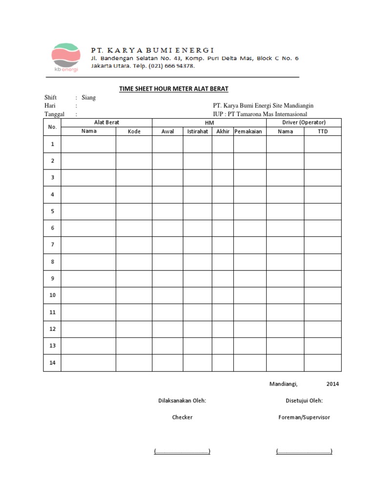 Contoh Form Jam Kerja Alat Berat Berbagai Alat Contoh Form Jam Kerja Alat Berat Berbagai Alat