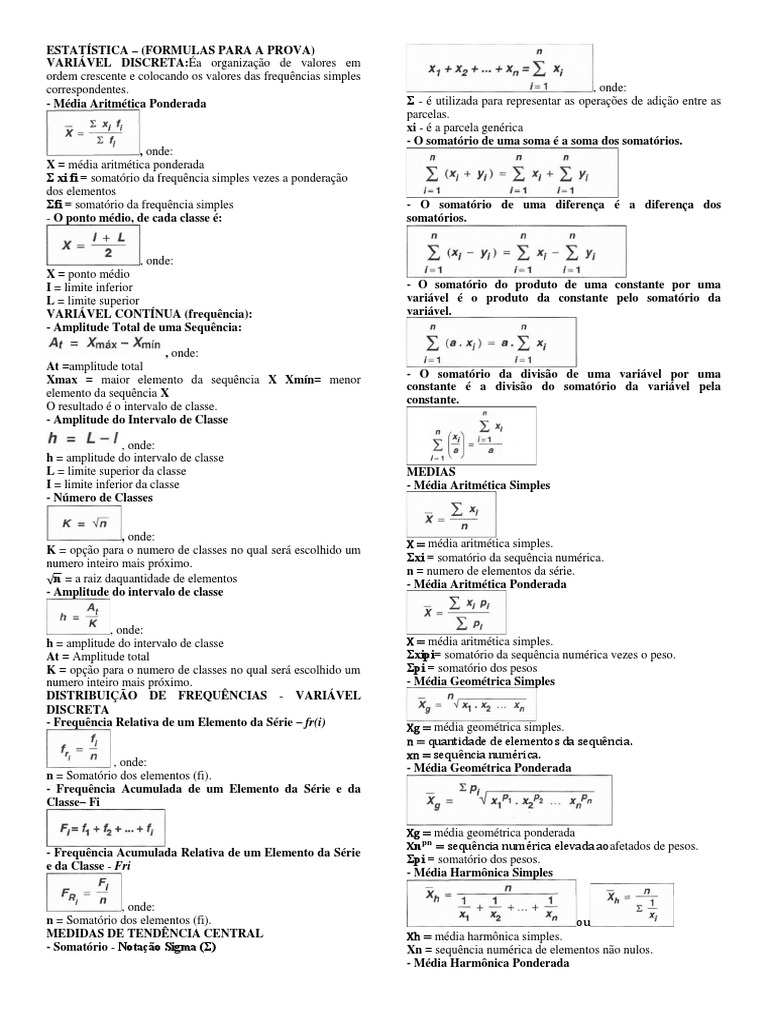 Fórmulas Estatísticas para Provas | PDF | Modo (Estatística) | Média