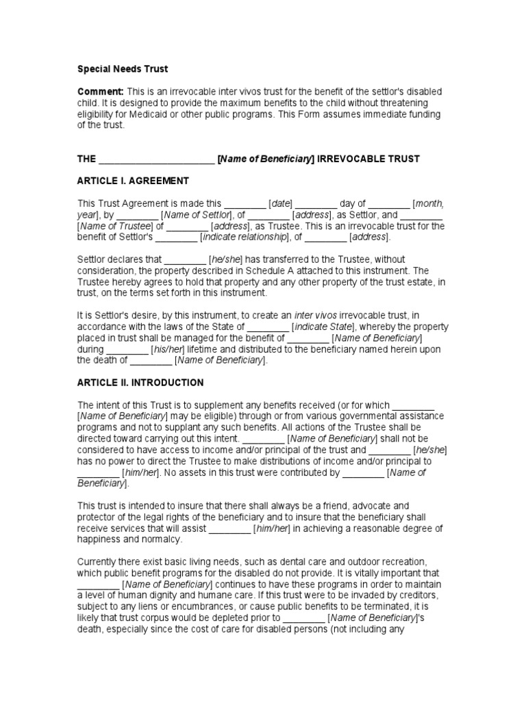 Sample Special Needs Trust PDF Trust Law Trustee