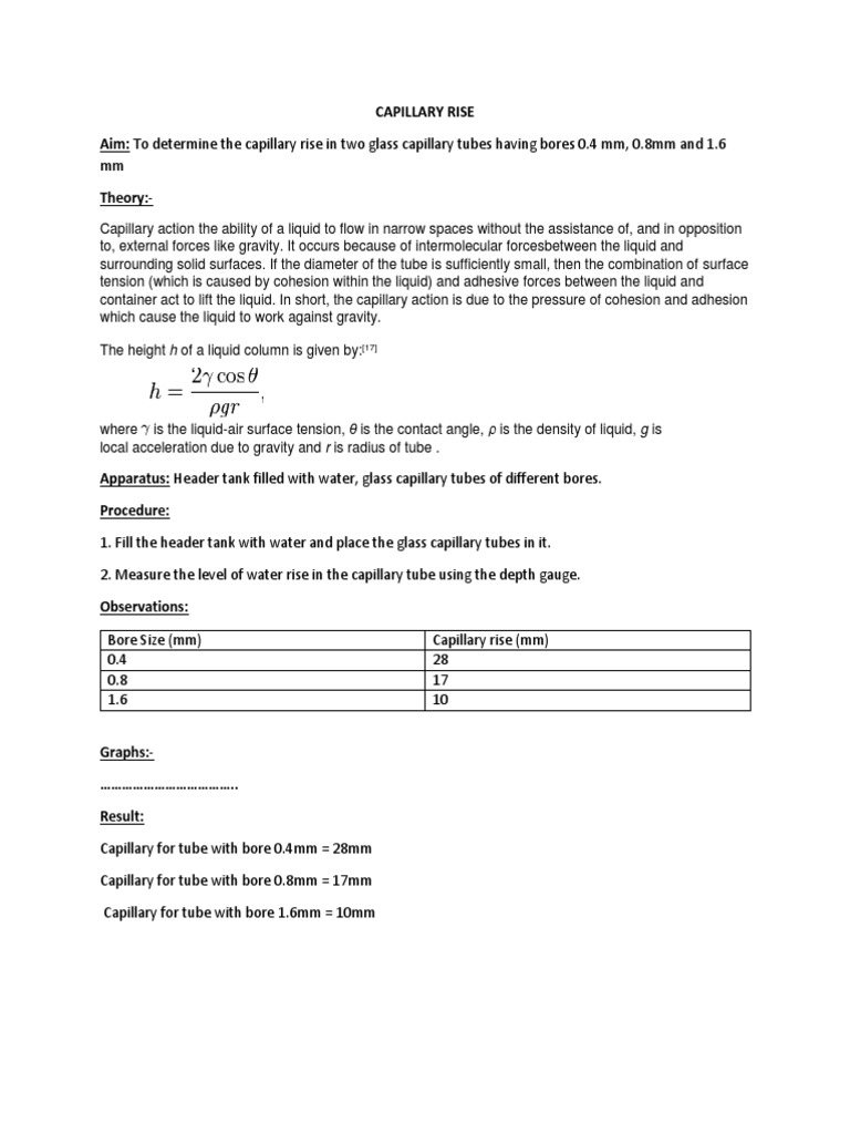 Capillary Rise Experiment Report | PDF
