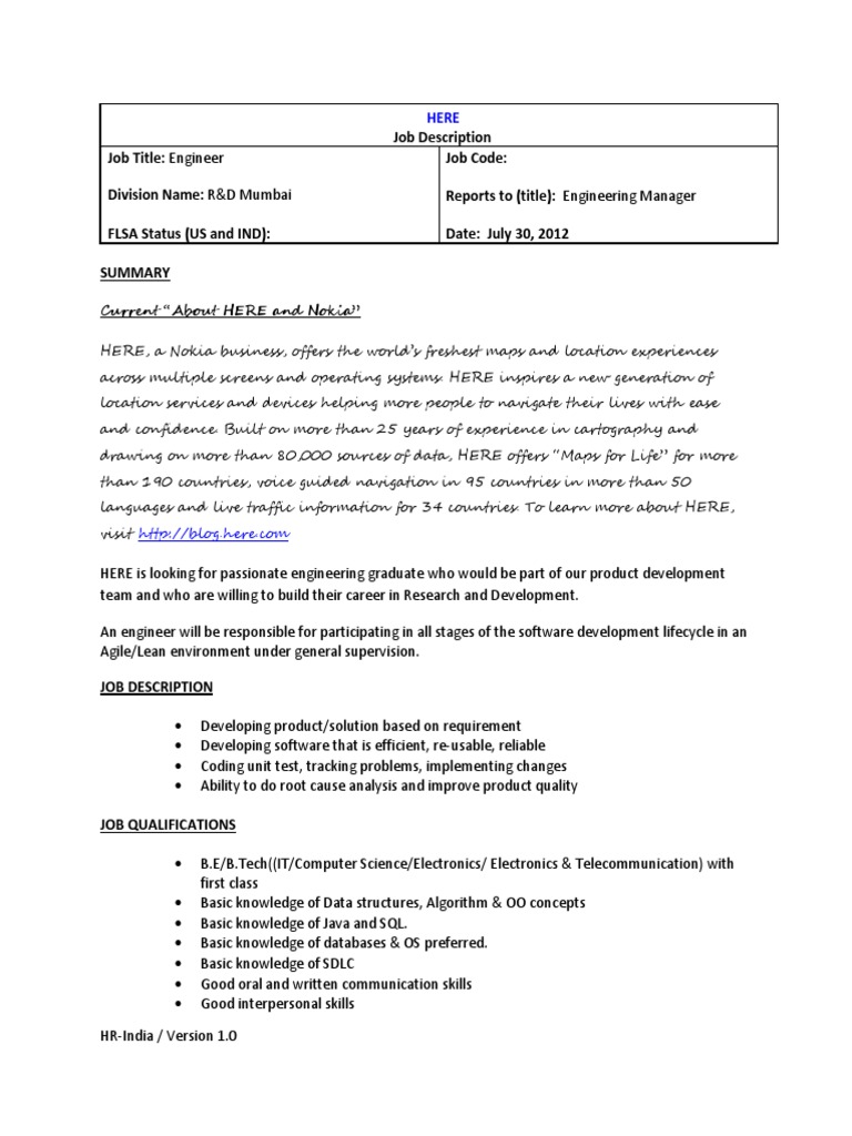 Engineer Job Description at HERE | PDF