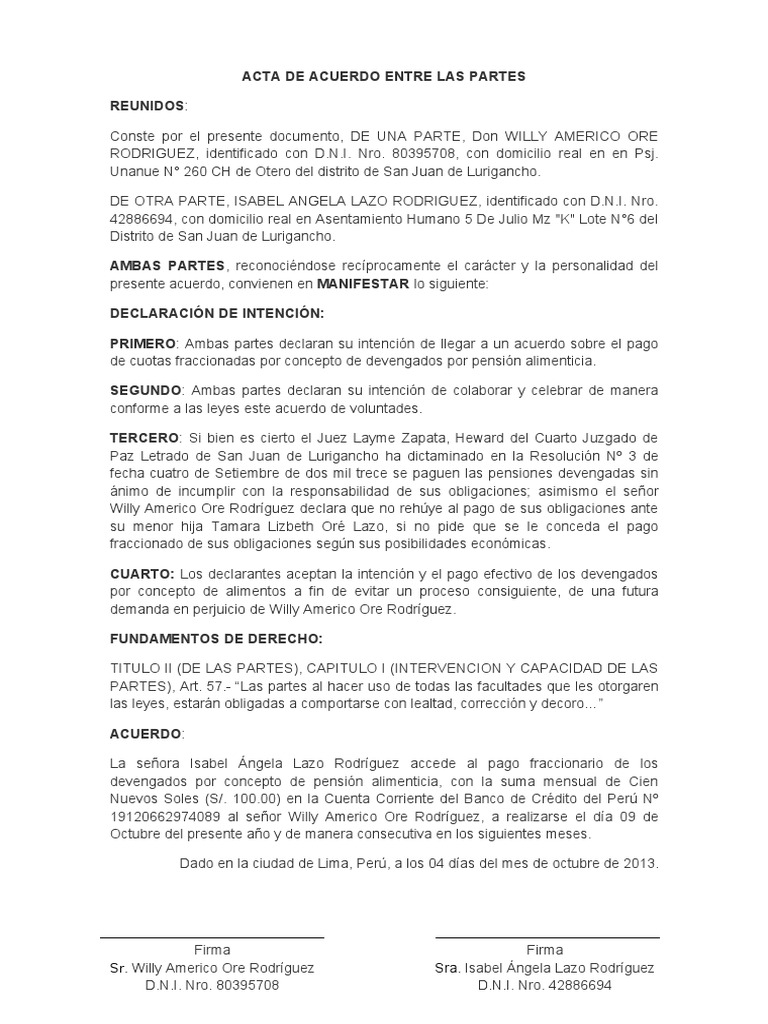 Acta de Acuerdo Entre Las Partes 2 | PDF