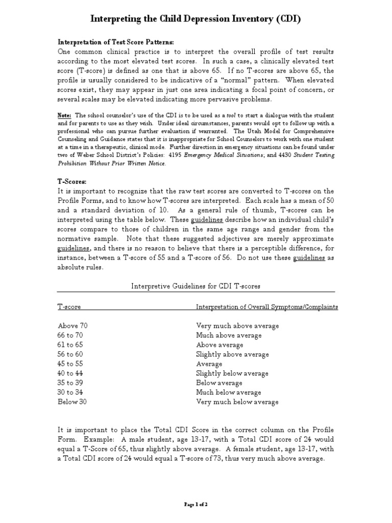 Child Depression Inventory Cdi Interpretation Medical Diagnosis