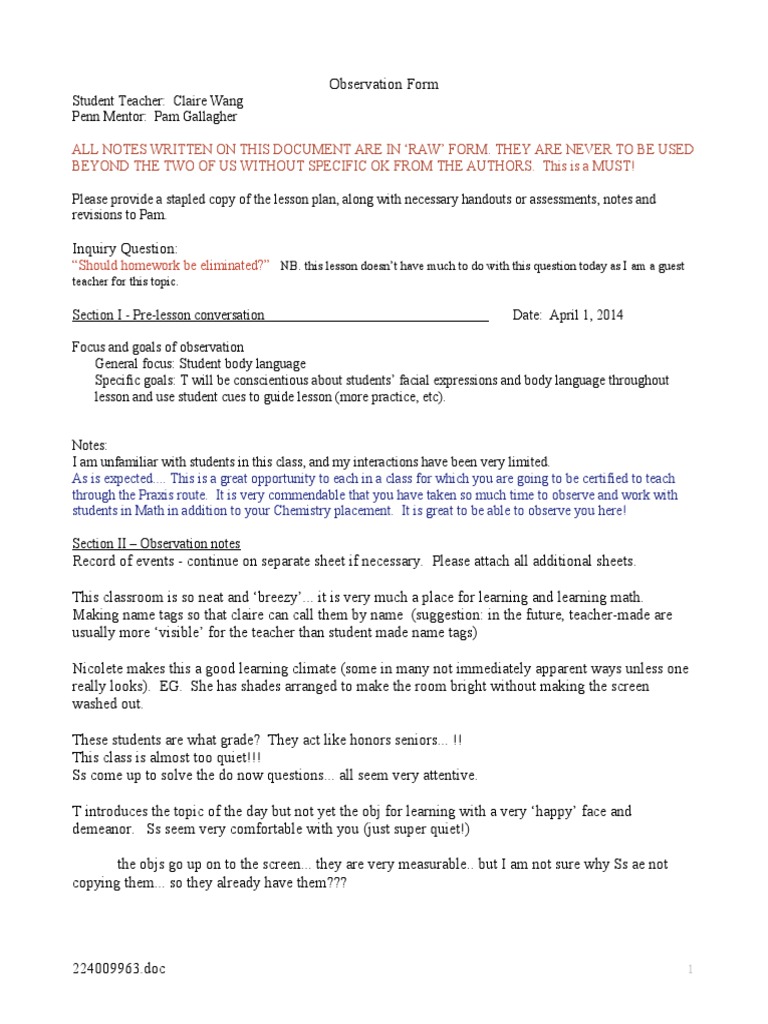 Pre-Calculus Observation Notes | PDF | Cognition | Teaching And Learning