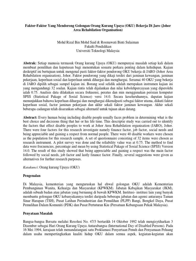 Faktor Faktor Yang Mendorong Golongan Orang Kurang Upaya Oku Bekerja Di Jaro Johor Area Rehabilation Organisation Pdf
