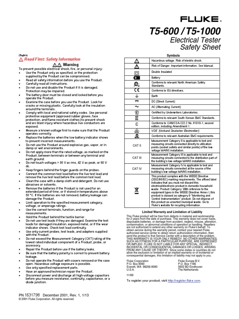 Fluke T5600 / T51000 Electrical Tester Saftey Sheet Electronic