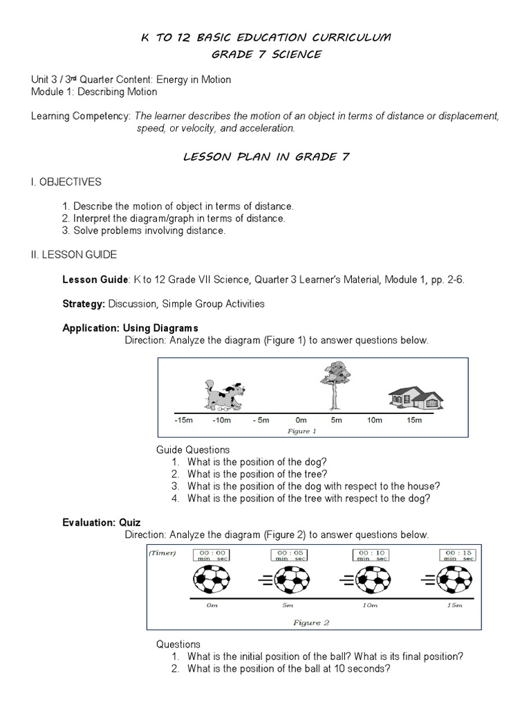 Grade 7 Motion Lesson Plan | PDF | Distance | Velocity