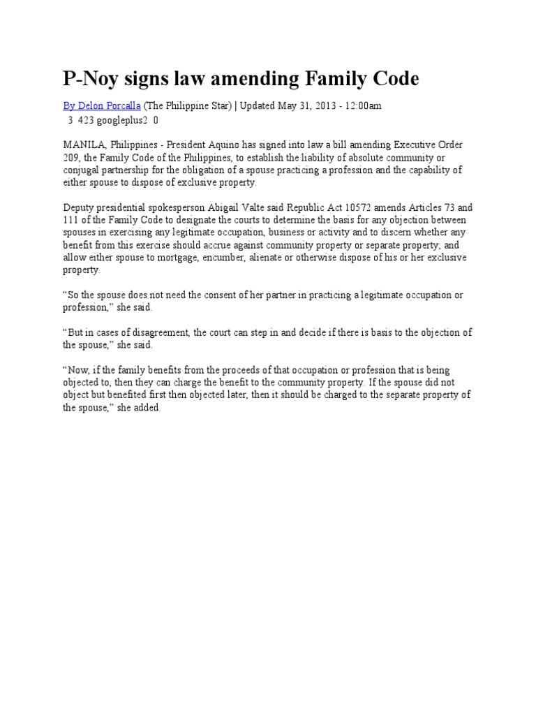 PNOY Signs Law Amending Family Code | PDF