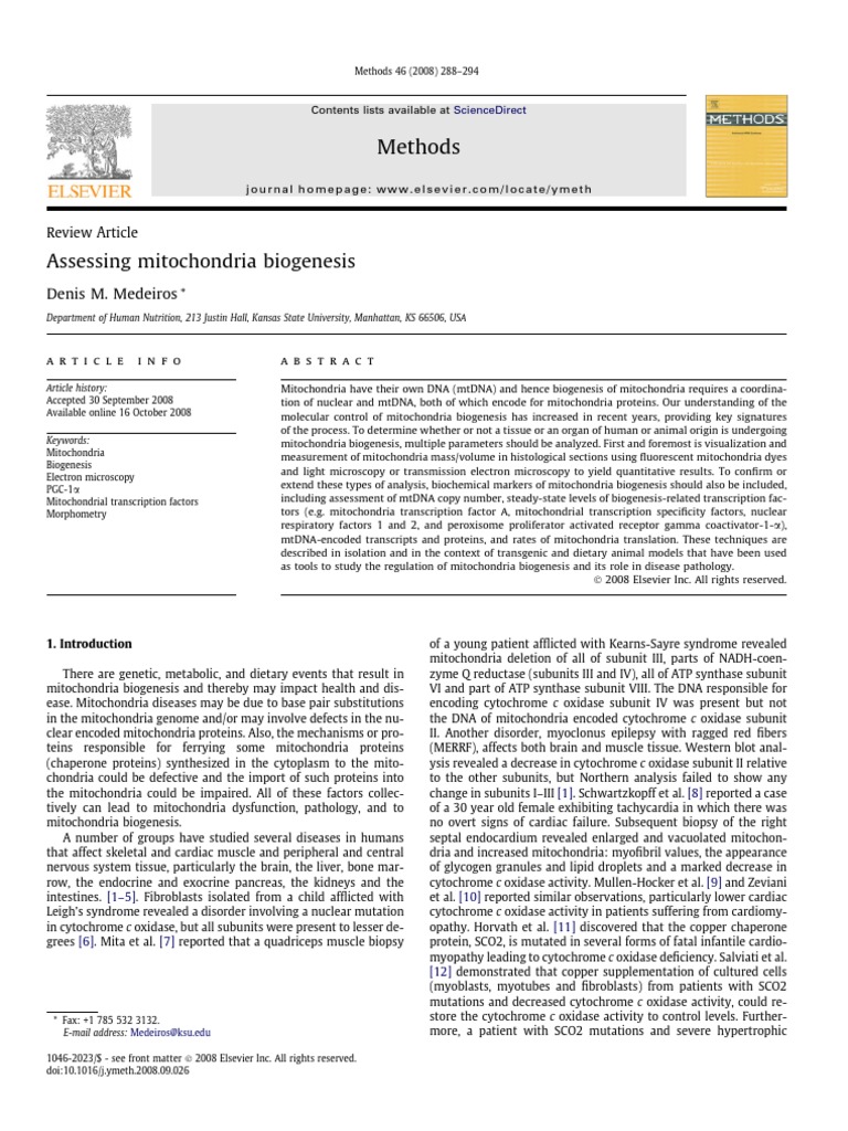 Mitochondria Biogenesis Assessment Methods | PDF | Mitochondrion ...