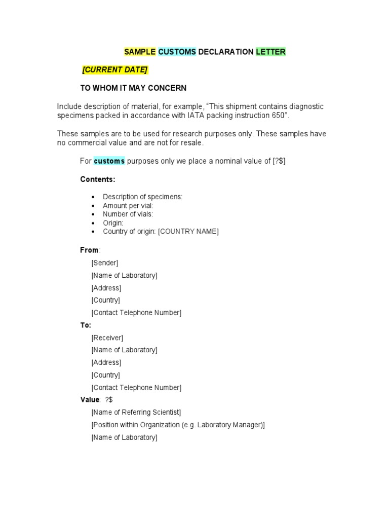 Customs Declaration Letter Template | PDF | Business