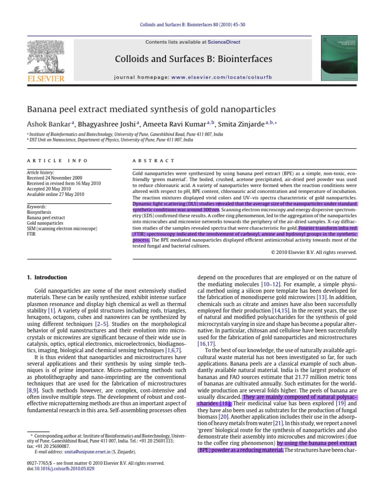 Banana Peel Extract Mediate Synthesis of Gold Nanoparticles Nanoparticle Scanning Electron