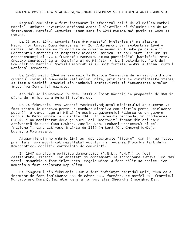 Romania Postbelica Stalinism National Comunism Si Disidenta Anticomunista