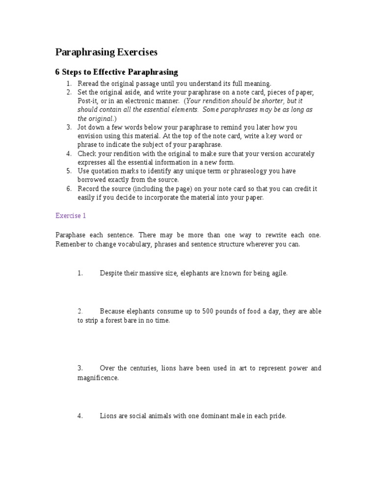 Paraphrasing Exercises With Answers Pdf