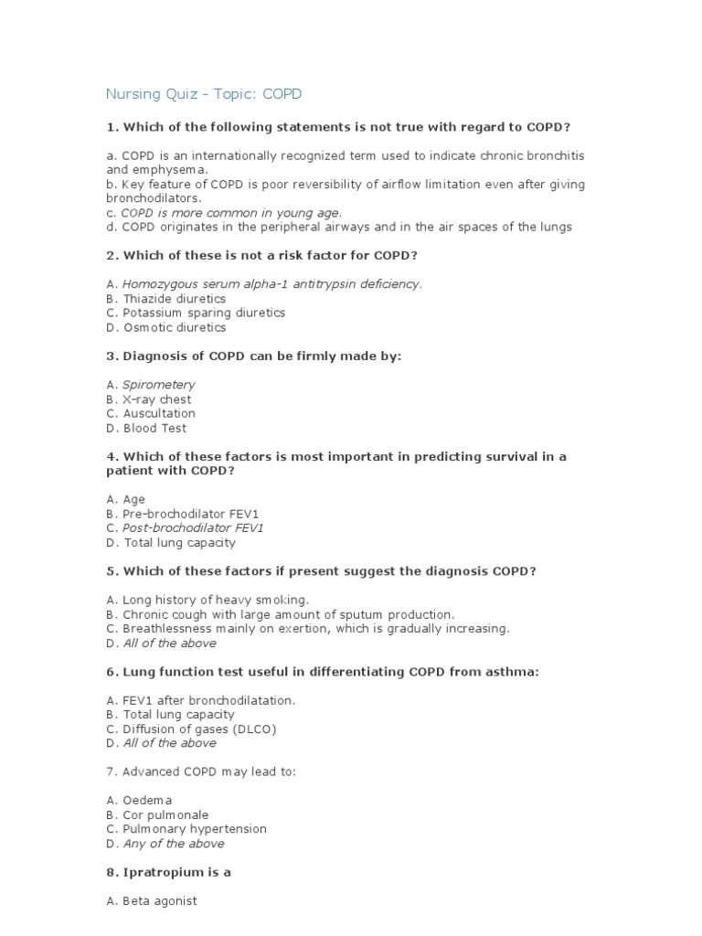 COPD Nursing Quiz and Practice Questions | PDF | Chronic Obstructive ...
