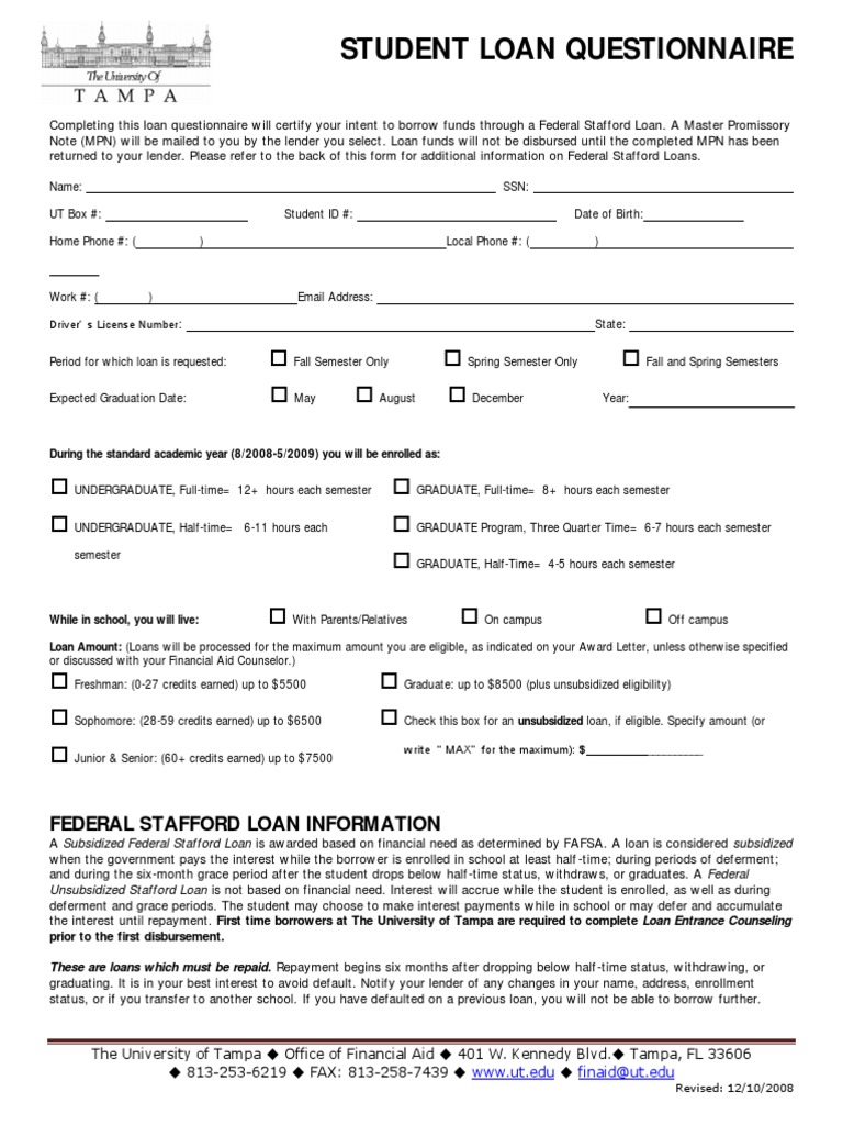 Student Loan Questionnaire Form | PDF | Loans | Student Financial Aid ...