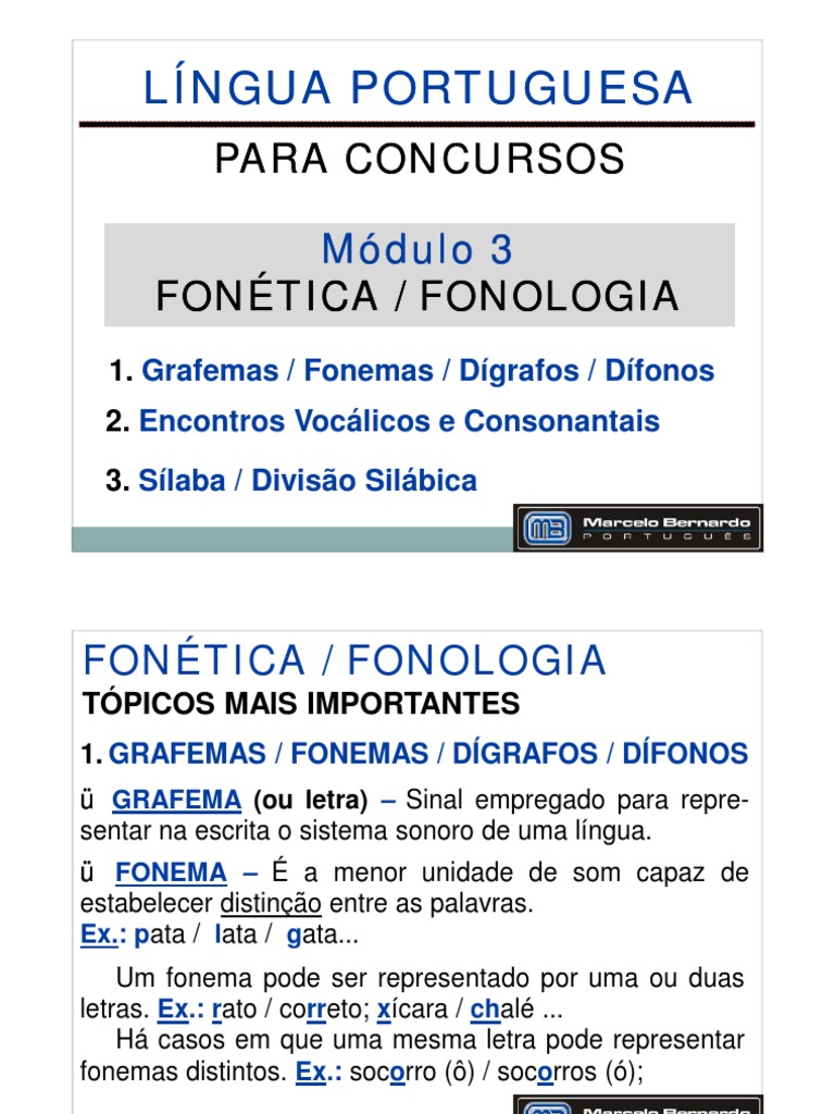 Módulo 03 - Aula 001 - Fonética Fonologia - Grafemas Fonemas Dígrafos ...