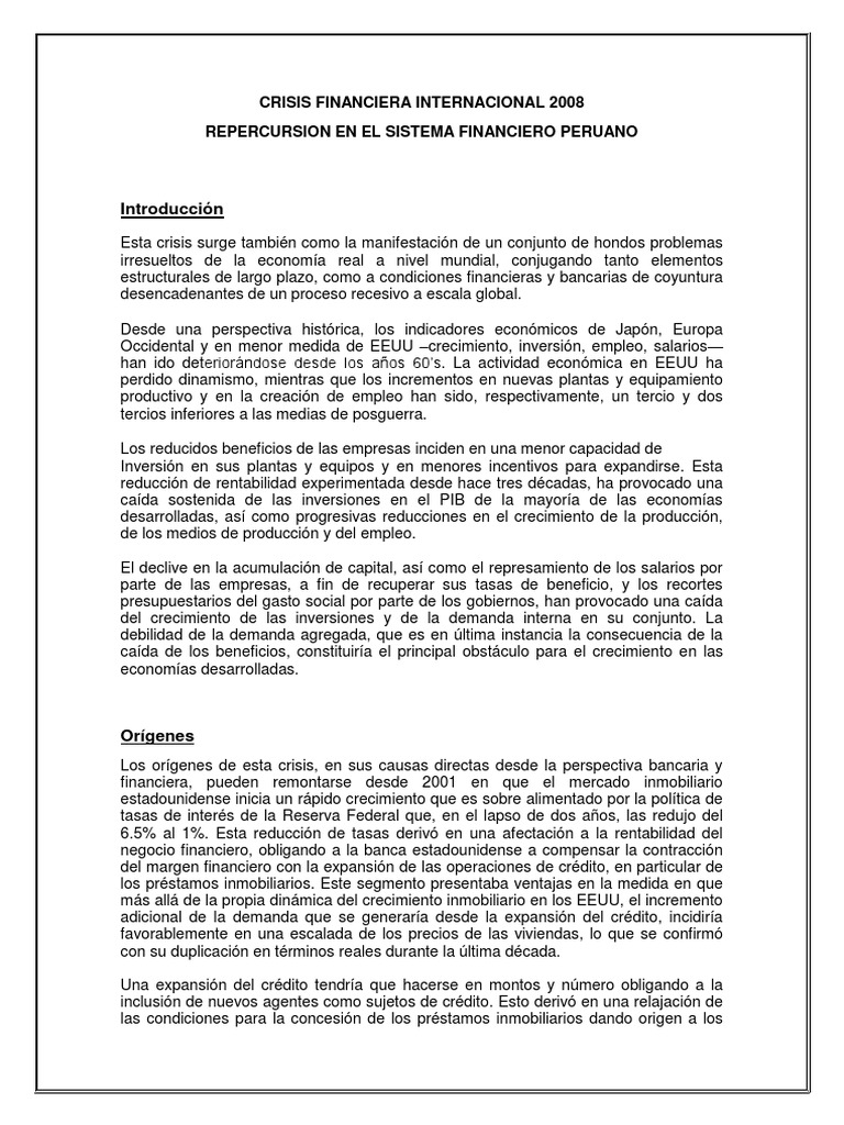 Impacto de la Crisis Financiera 2008 en Perú | PDF | Crecimiento ...
