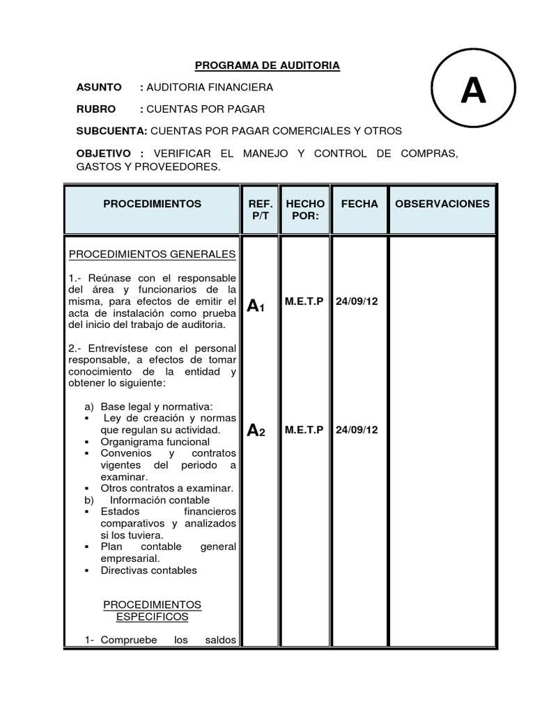 Programa de Auditoría: Cuentas por Pagar | PDF | Auditoría financiera ...