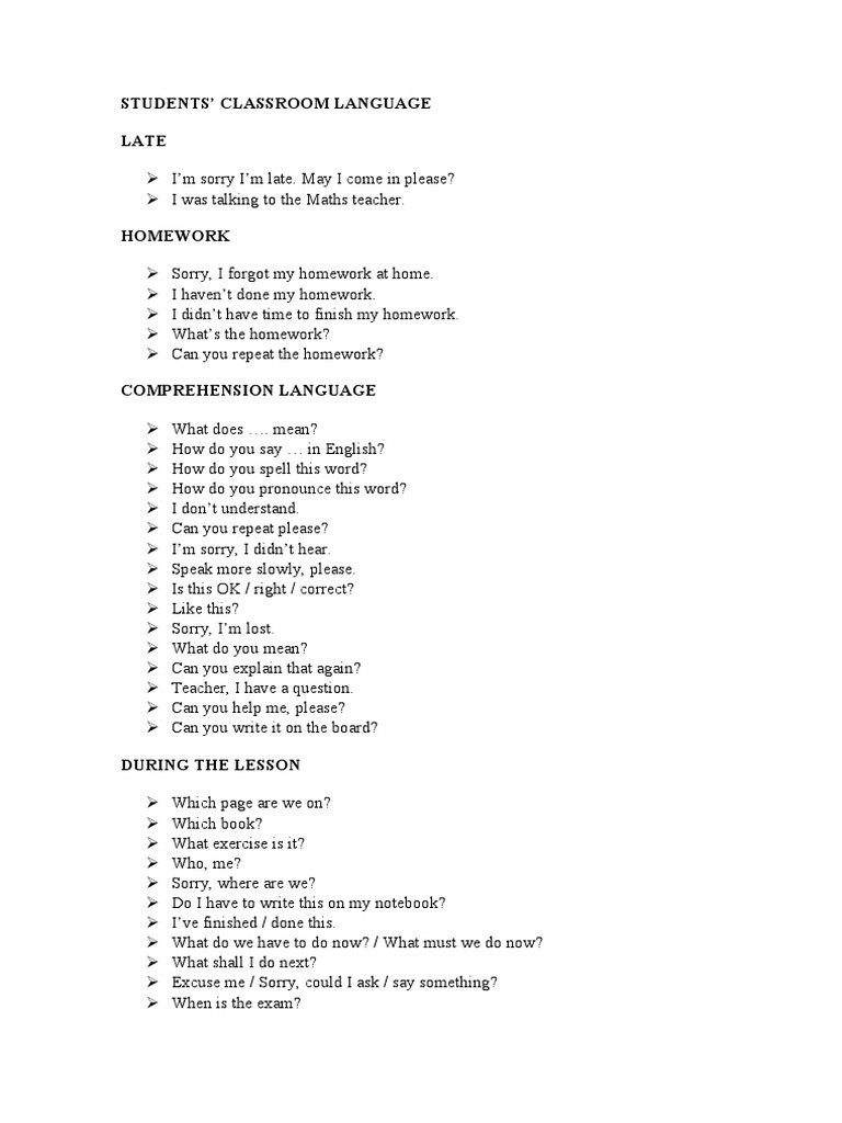 Students Classroom Language | PDF | Home & Garden