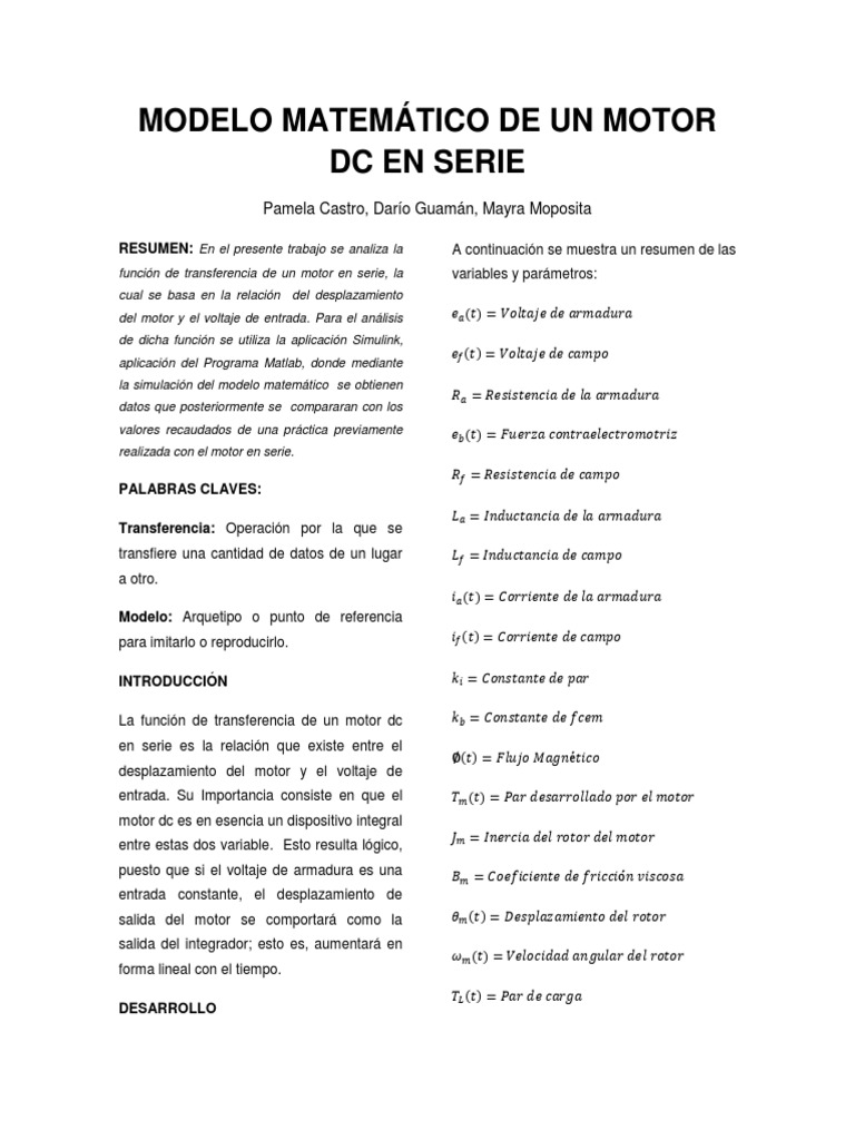 Modelo Matemático de Motor DC en Serie | PDF | Función (Matemáticas ...