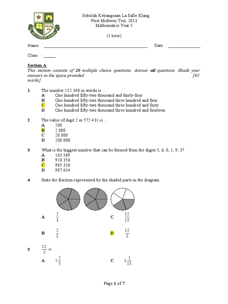Year 5 Math Midterm Test 2013 | PDF