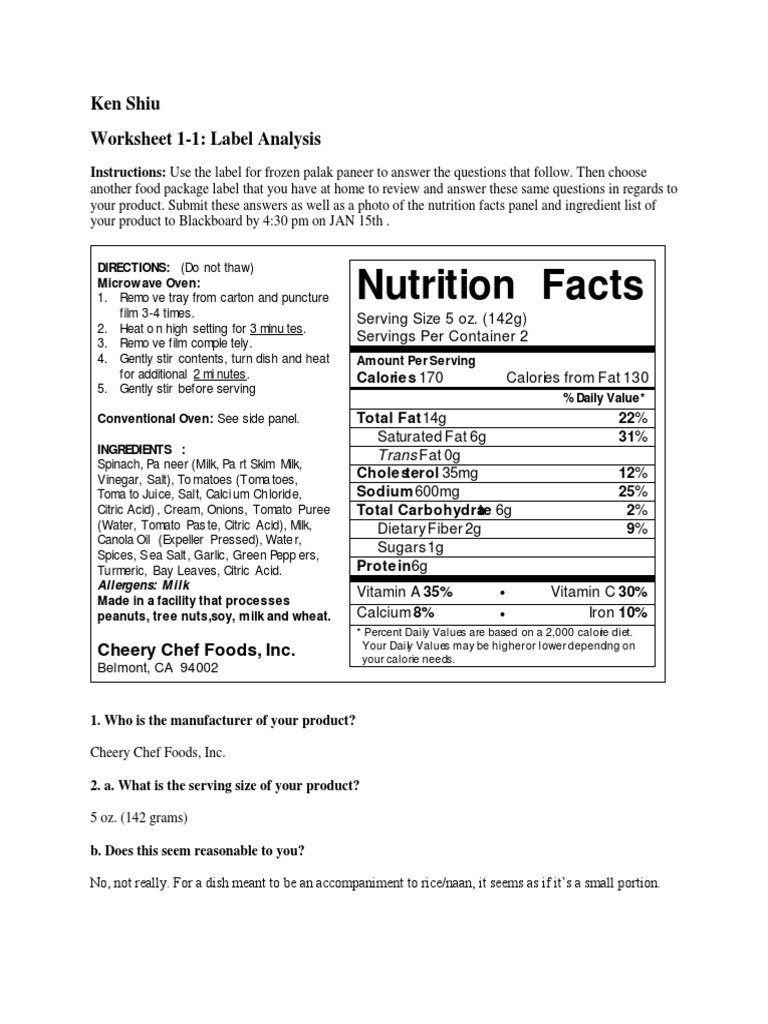 food label assignment answers