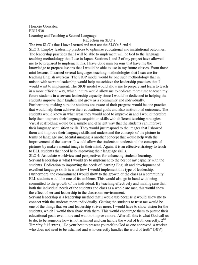 Edu 536 - Reflection On Slos | PDF | Leadership | Neuropsychology