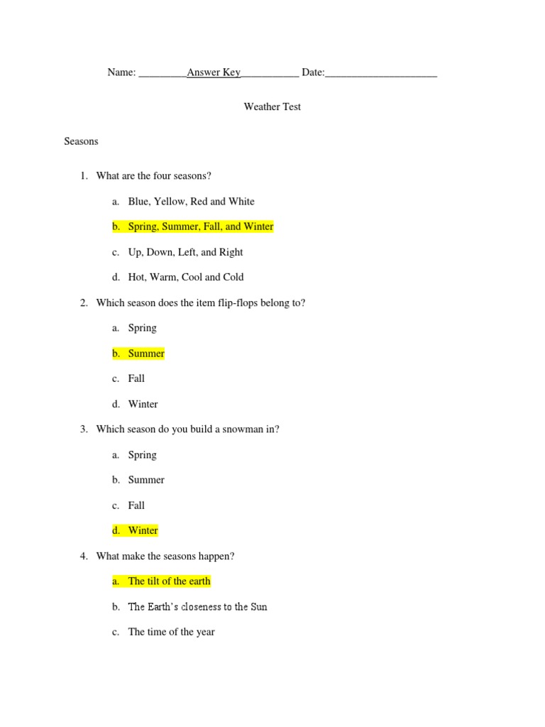 Test Answer Key Pdf Cloud Weather