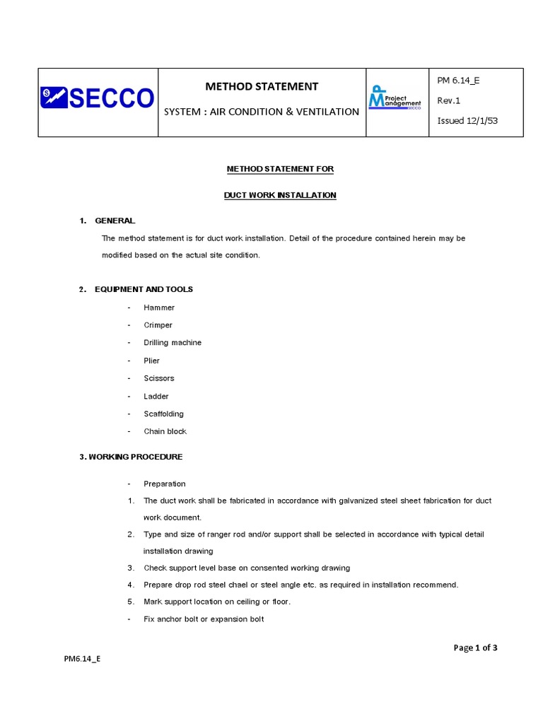 Ductwork Installation Method Statement | PDF | Duct (Flow) | Anchor
