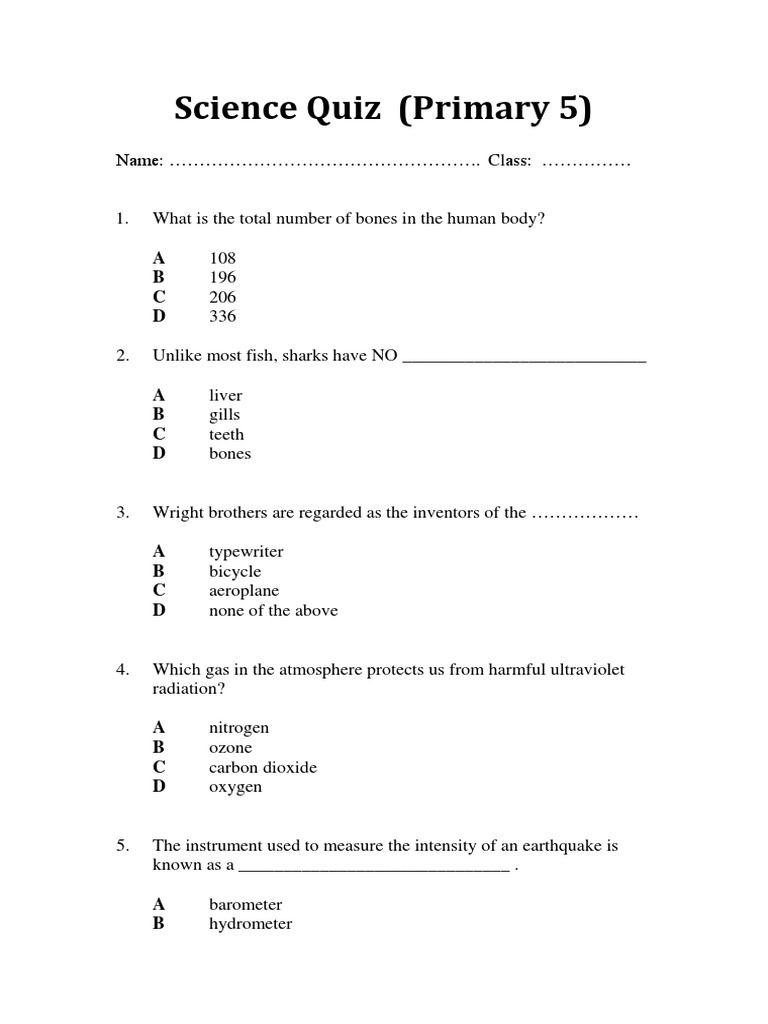 Science Quiz Primary5 2014 | PDF | Science & Mathematics