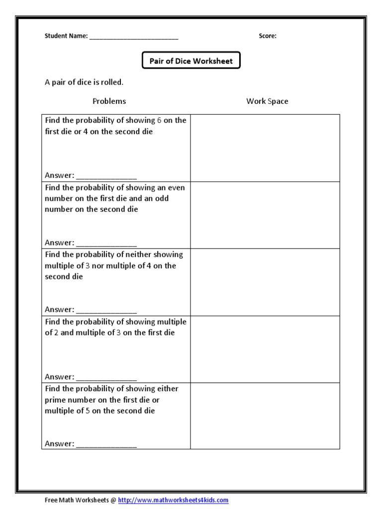 Pair Dice Exclusive Inclusive  PDF Inside Probability Worksheet With Answers