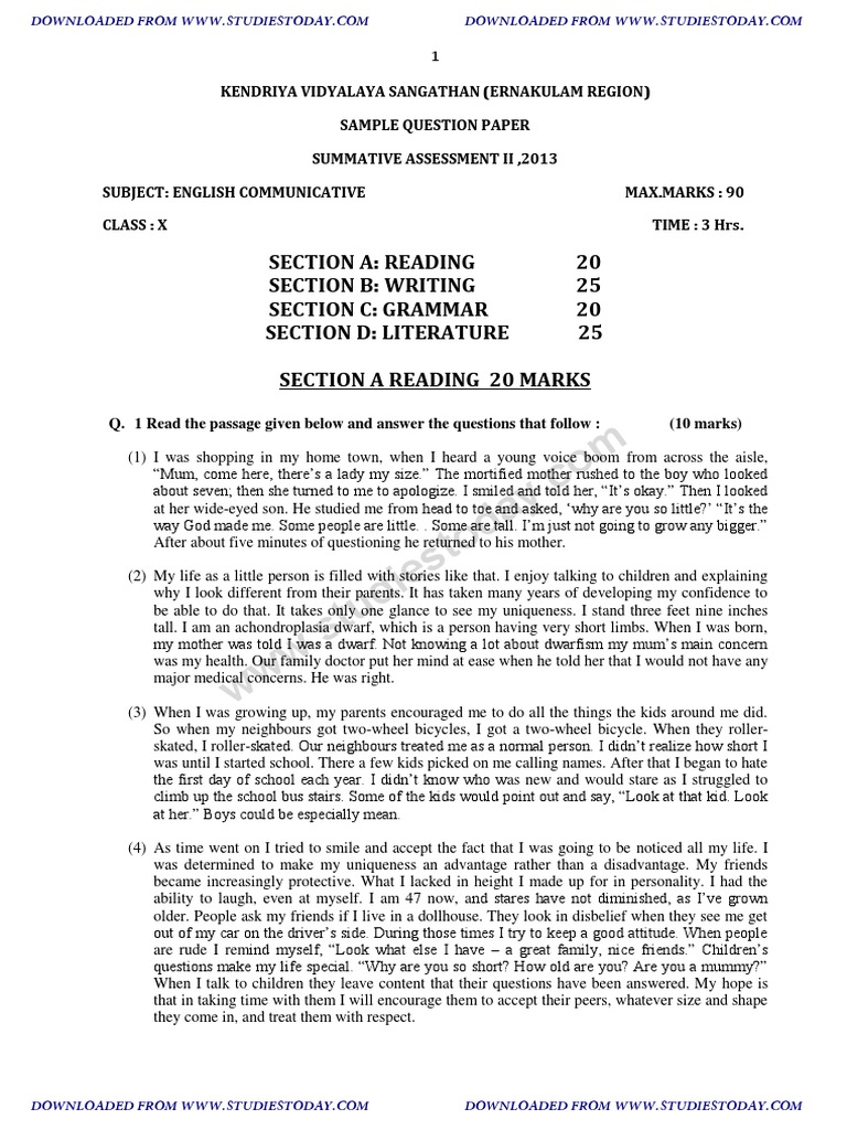 Sample English Question Paper Class X | PDF | Vitamin | Nutrition