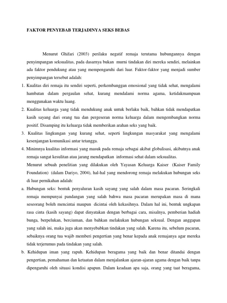 Faktor Penyebab Terjadinya Seks Bebas pada remaja