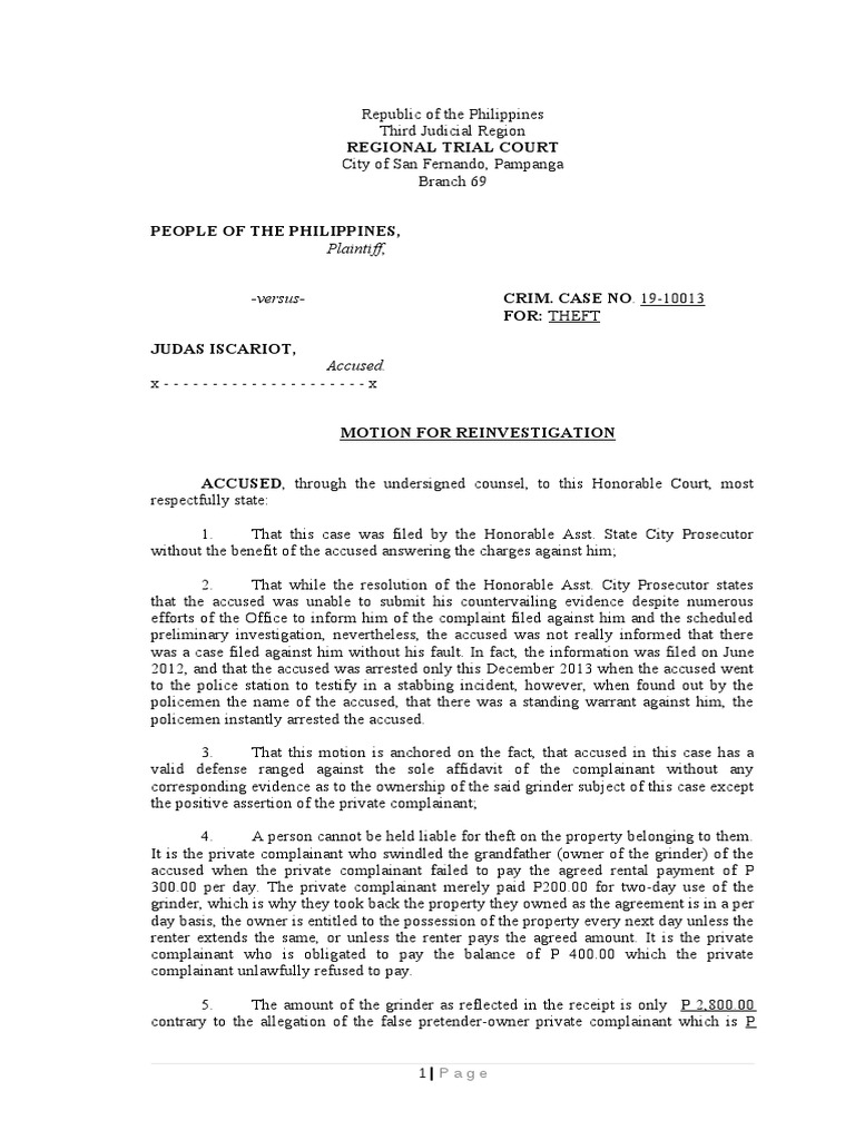 Motion for Reinvestigation CRIMPRO 2014 Legal Procedure Justice