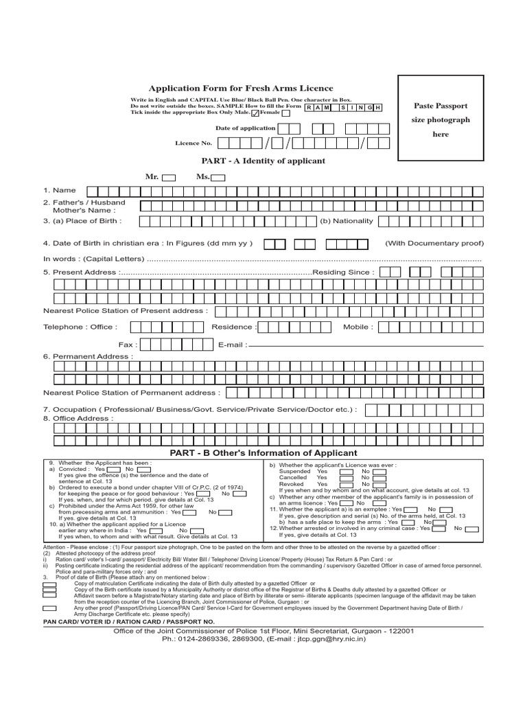 1 5 1 Application Form for Fresh Arms License Handgun Notary Public
