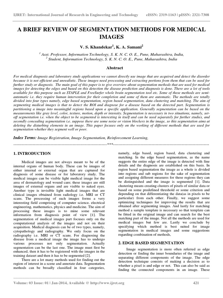 A Brief Review of Segmentation Methods For Medical | PDF