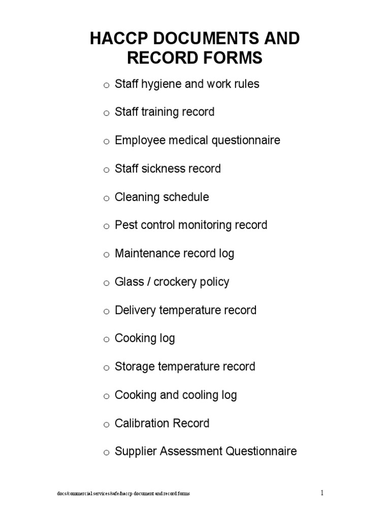 HACCP Documentation and Record Forms | PDF