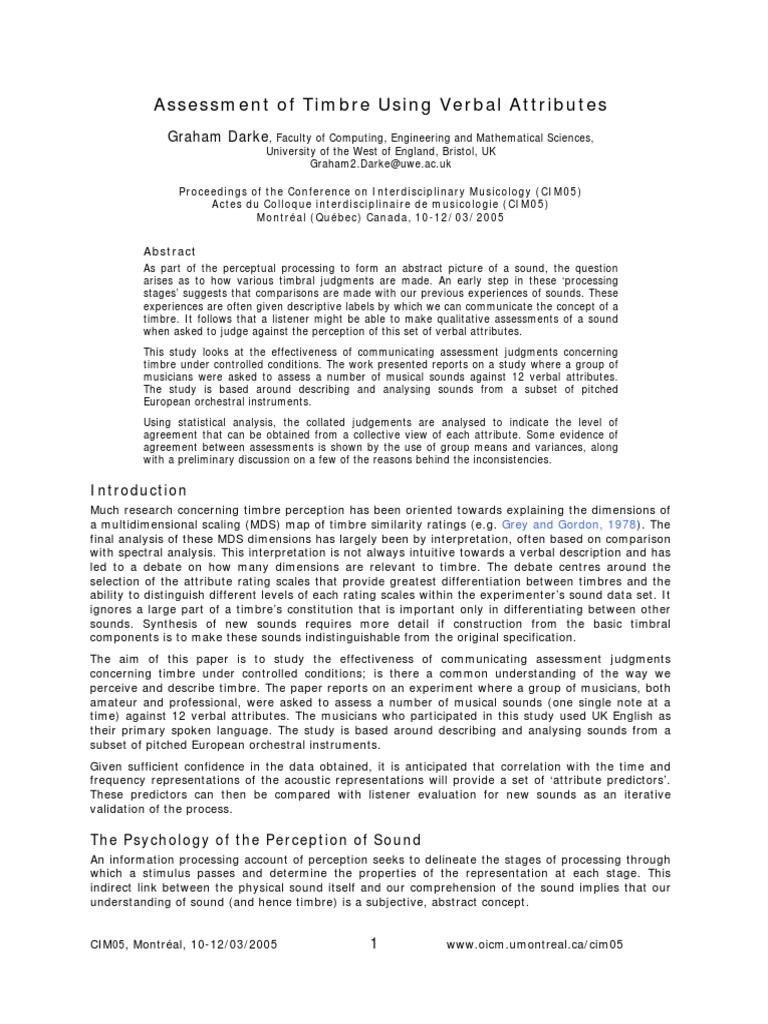 Verbal Assessment of Musical Timbre | PDF | Educational Assessment ...