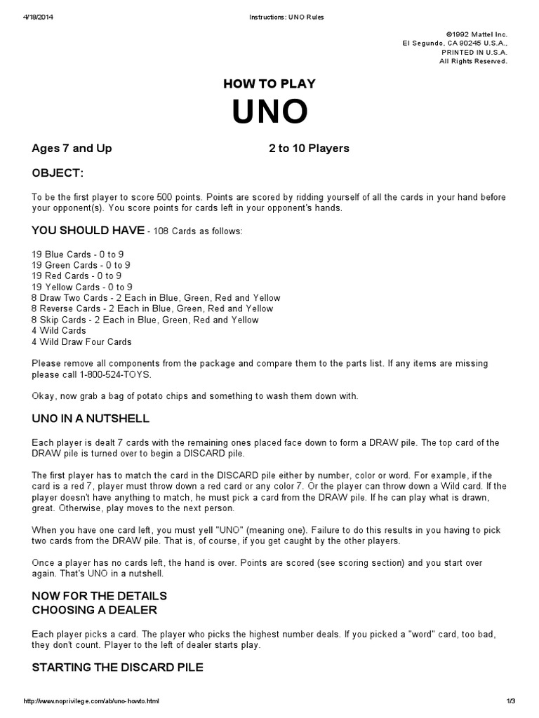 UNO Rules pdf Leisure Activities Games Of Mental Skill UNO Rules pdf Leisure Activities Games Of Mental Skill