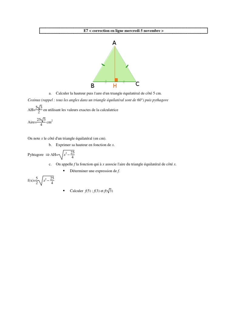Calculer La Hauteur D un Triangle équilatéral De Côté 5 Cm Correction 7 Préparation Brevet Blanc Vacances de La Toussaint | PDF