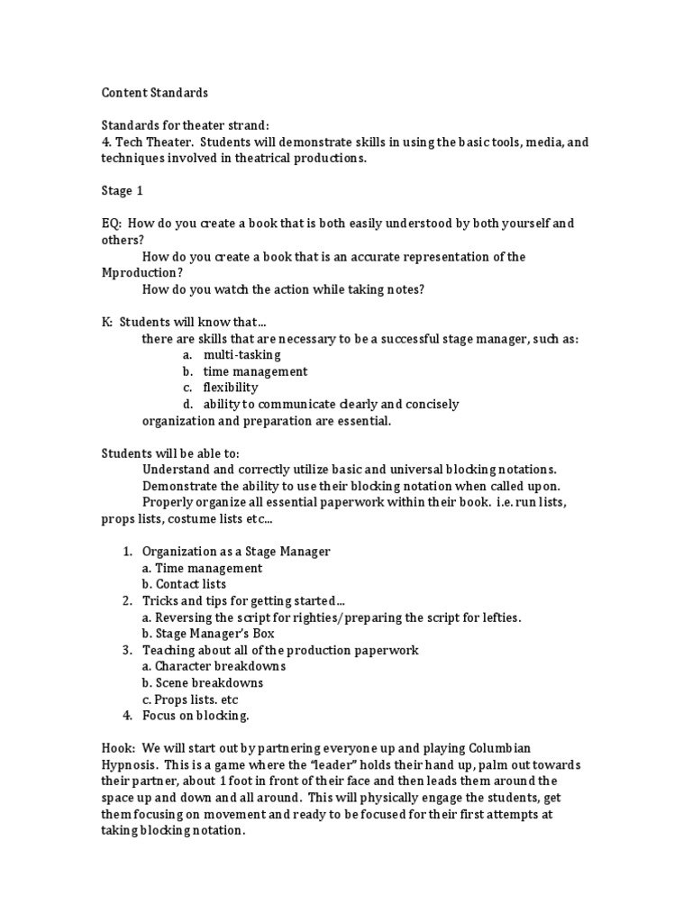 stage management lesson plan Theatre Lesson Plan