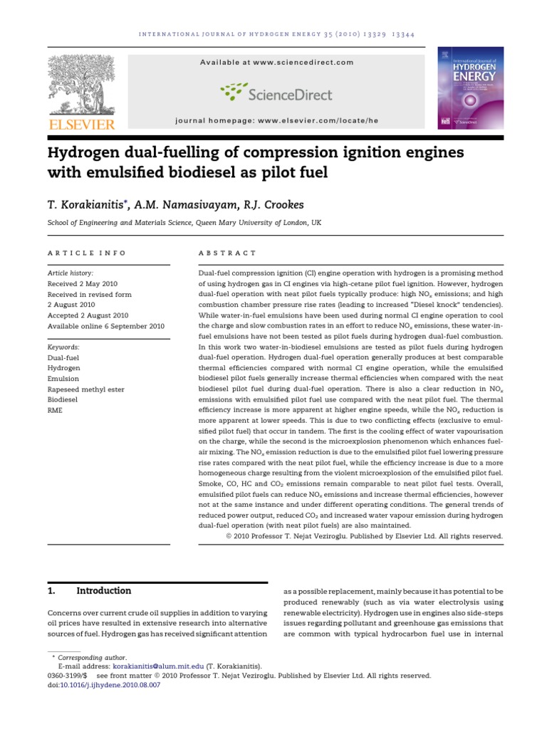 Hydrogen Dual-Fuelling of Compression Ignition Engines With Emulsified ...