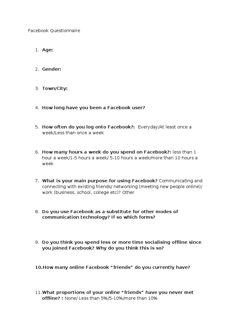Facebook Questionnaire Facebook Online And Offline