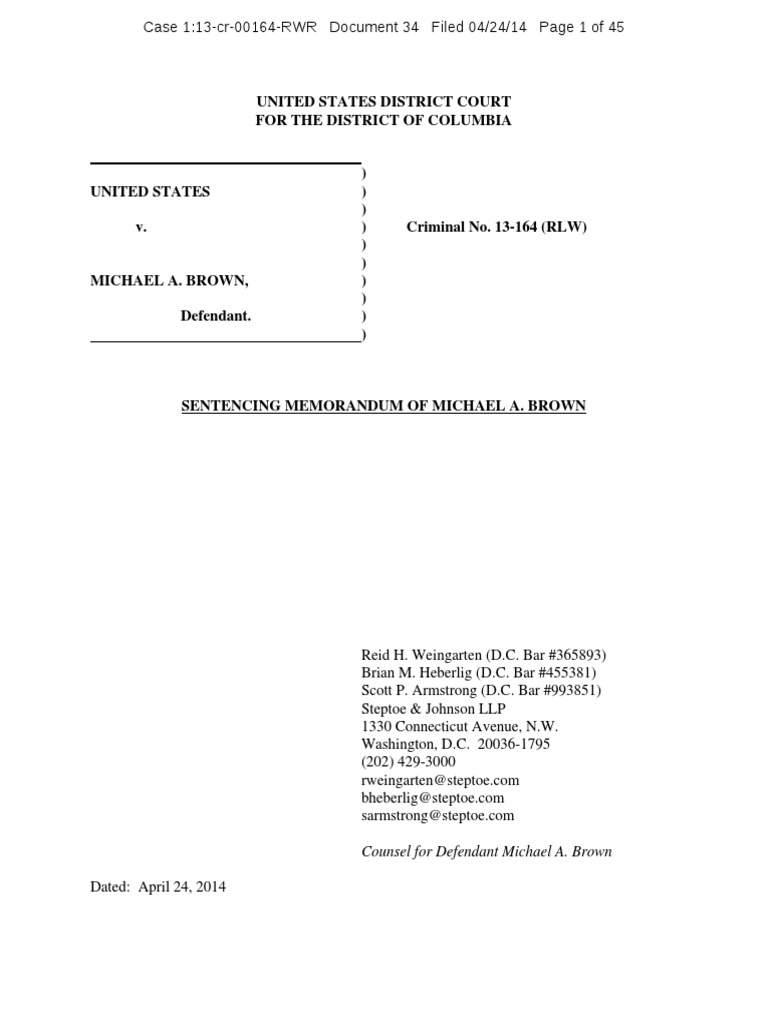 Michael Brown Defense Sentencing Memo PDF United States V. Booker