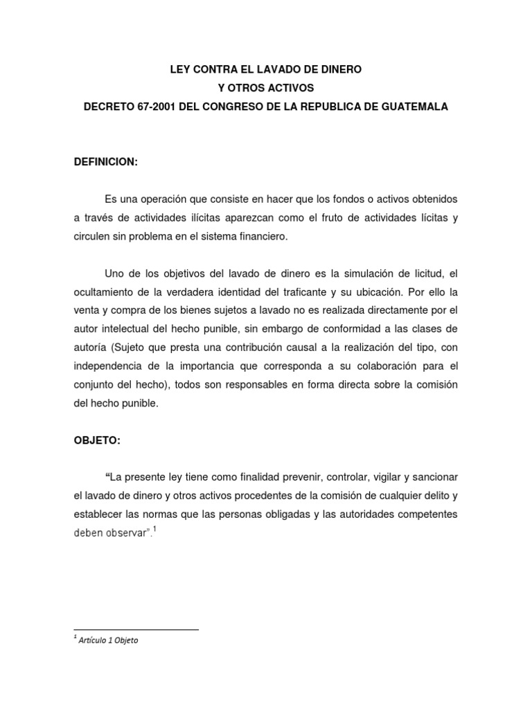 Ley Contra el Lavado de Dinero 67-2001 | PDF | Lavado de dinero | Dinero