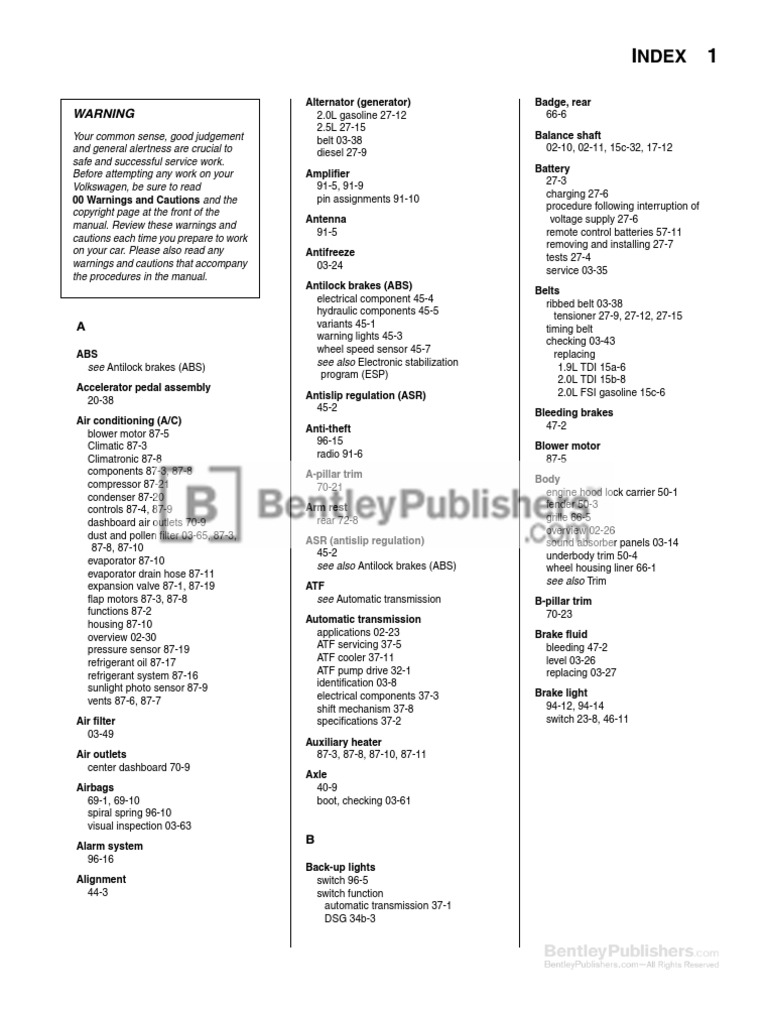 Volkswagen Jetta (A5) Service Manual: 2005-2010 - Index | PDF