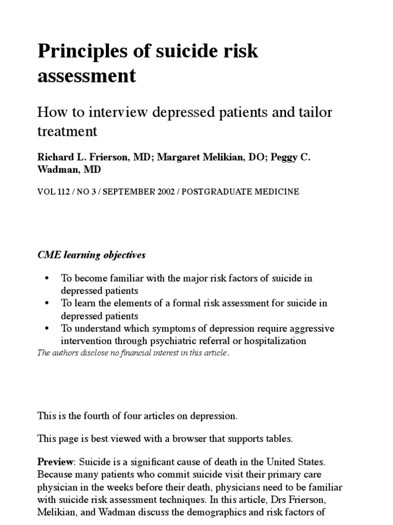 Suicide Risk Assessment in Depression | PDF | Suicide | Major ...