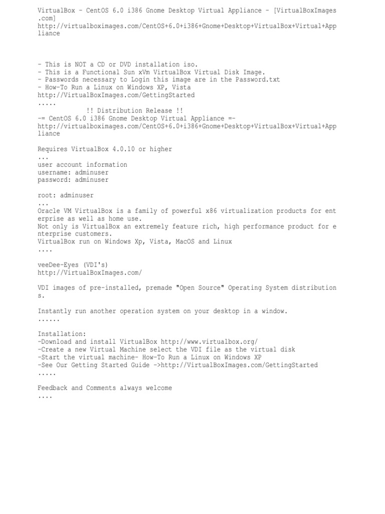 VirtualBoxImages - Com) CentOS 6.0 I386 Gnome Desktop | PDF.