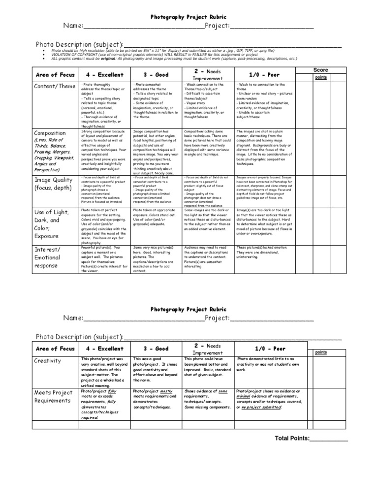 Photography Project Rubric PDF Composition (Visual Arts) Recording