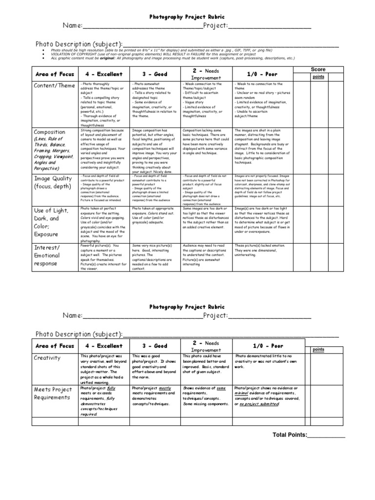 rubric for photography assignment